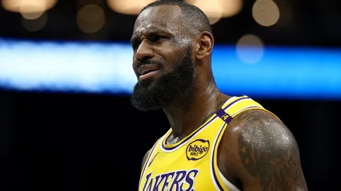 LeBron James #23 of the Los Angeles Lakers looks on during the second half in a NBA game.