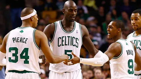 Members of the Boston Celtics including Rajon Rondo #9, Kevin Garnett #5, Paul Pierce #34.