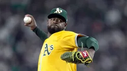 Luis Severino #40 of the Athletics pitches in the first inning against the Seattle Mariners on Opening Day at T-Mobile Park on March 27, 2025 in Seattle, Washington.