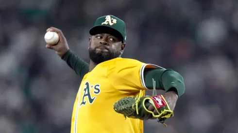 Luis Severino #40 of the Athletics pitches in the first inning against the Seattle Mariners on Opening Day at T-Mobile Park on March 27, 2025 in Seattle, Washington.