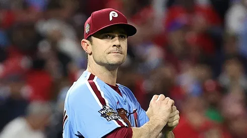 David Robertson #30 of the Philadelphia Phillies looks on against the Houston Astros during the eighth inning in Game Five of the 2022 World Series at Citizens Bank Park on November 03, 2022 in Philadelphia, Pennsylvania.