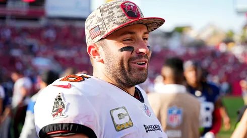 Baker Mayfield #6 of the Tampa Bay Buccaneers looks on after his team's 20-6 win against the Tennessee Titans at Raymond James Stadium on November 12, 2023 in Tampa, Florida.