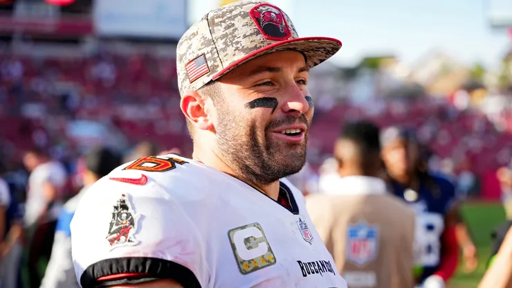 Baker Mayfield #6 of the Tampa Bay Buccaneers looks on after his team's 20-6 win against the Tennessee Titans at Raymond James Stadium on November 12, 2023 in Tampa, Florida.