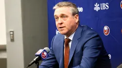 Head coach of the New York Islanders Patrick Roy talks with the media following the game against the Colorado Avalanche at UBS Arena on January 28, 2025 in Elmont, New York.