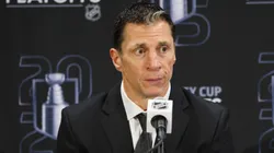 Head coach Rod Brind'Amour of the Carolina Hurricanes speaks with the media following the series win over the Washington Capitals in Game Five of the Second Round of the 2025 Stanley Cup Playoffs at Capital One Arena on May 15, 2025 in Washington, DC.