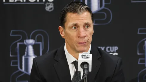Head coach Rod Brind'Amour of the Carolina Hurricanes speaks with the media following the series win over the Washington Capitals in Game Five of the Second Round of the 2025 Stanley Cup Playoffs at Capital One Arena on May 15, 2025 in Washington, DC.