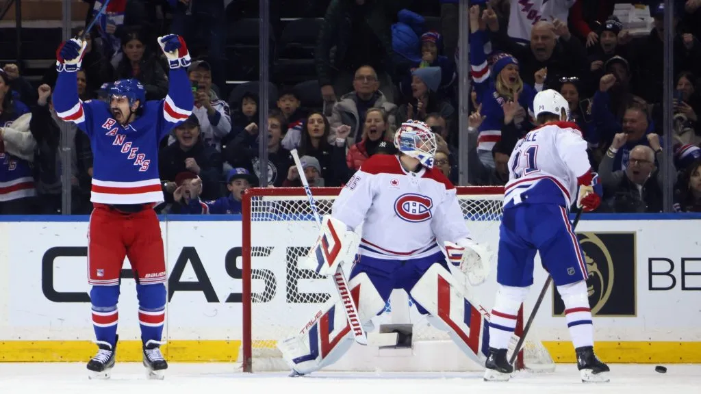 Chris Kreider #20 with the New York Rangers celebrates a first period goal by Artemi Panarin #10 (not shown) against Sam Montembeault #35 of the Montreal Canadiens at Madison Square Garden on November 30, 2024 in New York City. (Photo by Bruce Bennett/Getty Images)