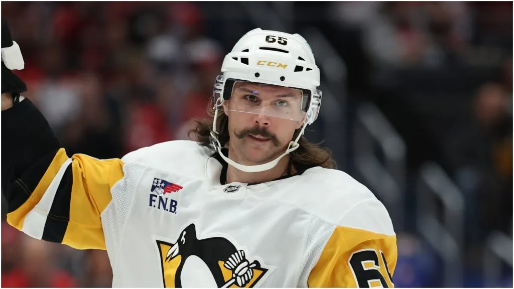Erik Karlsson #65 of the Pittsburgh Penguins celebrates after scoring a goal against the Washington Capitals during the first period at Capital One Arena on November 08, 2024 in Washington, DC.