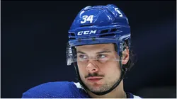 Auston Matthews #34 of the Toronto Maple Leafs waits for a faceoff against the Ottawa Senators during an NHL game at Scotiabank Arena on February 17, 2021 in Toronto, Ontario, Canada.
