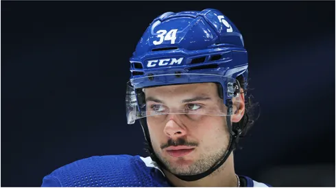 Auston Matthews #34 of the Toronto Maple Leafs waits for a faceoff against the Ottawa Senators during an NHL game at Scotiabank Arena on February 17, 2021 in Toronto, Ontario, Canada.