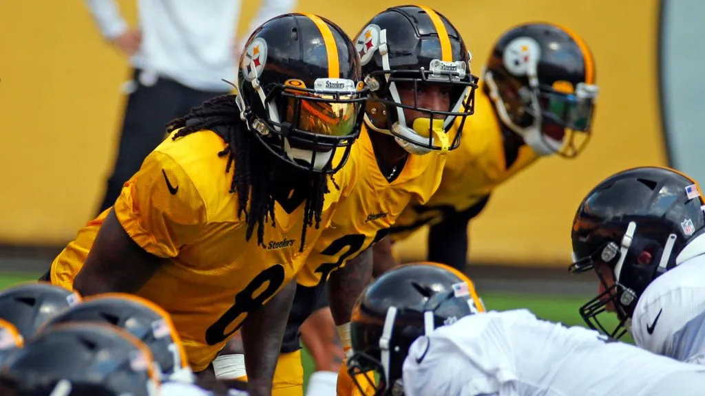 Corliss Waitman #8 of the Pittsburgh Steelers in action during training camp at Heinz Field on July 28, 2021. (Source: Justin K. Aller/Getty Images)