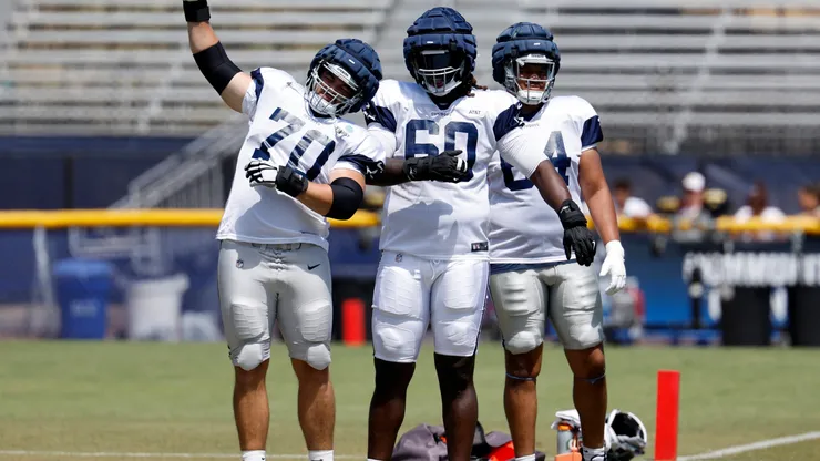 Guard Zack Martin #70 offensive tackle Tyler Guyton #60 and offensive tackle Earl Bostick Jr. #64 of the Dallas Cowboys stretch during training camp on July 30, 2024.