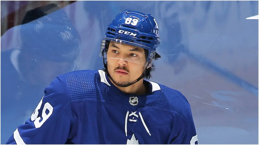 Nick Robertson #89 of the Toronto Maple Leafs warms up prior to playing against the Calgary Flames in an NHL game at Scotiabank Arena on April 13, 2021 in Toronto, Ontario, Canada.
