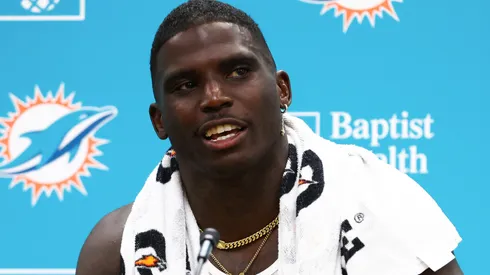 Tyreek Hill #10 of the Miami Dolphins speaks to the media during Miami Dolphins Training Camp at Baptist Health Training Complex on July 22, 2025 in Miami Gardens, Florida.