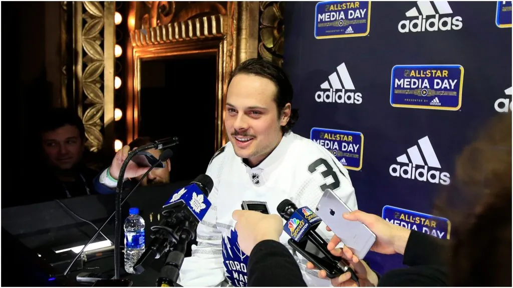 Auston Matthews #34 of the Toronto Maple Leafs speaks to the press during Media Day for the 2020 NHL All-Star at Stifel Theatre on January 23, 2020 in St Louis, Missouri.