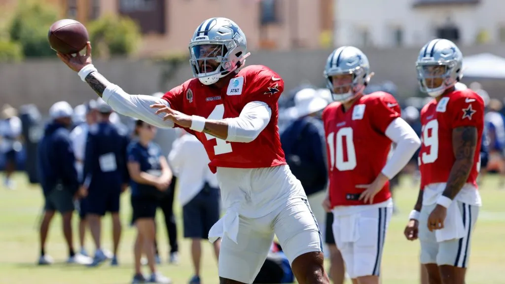 Quarterback Dak Prescott #4 of the Dallas Cowboys throws a pass during training camp on July 30, 2024. (Source: Kevork Djansezian/Getty Images)