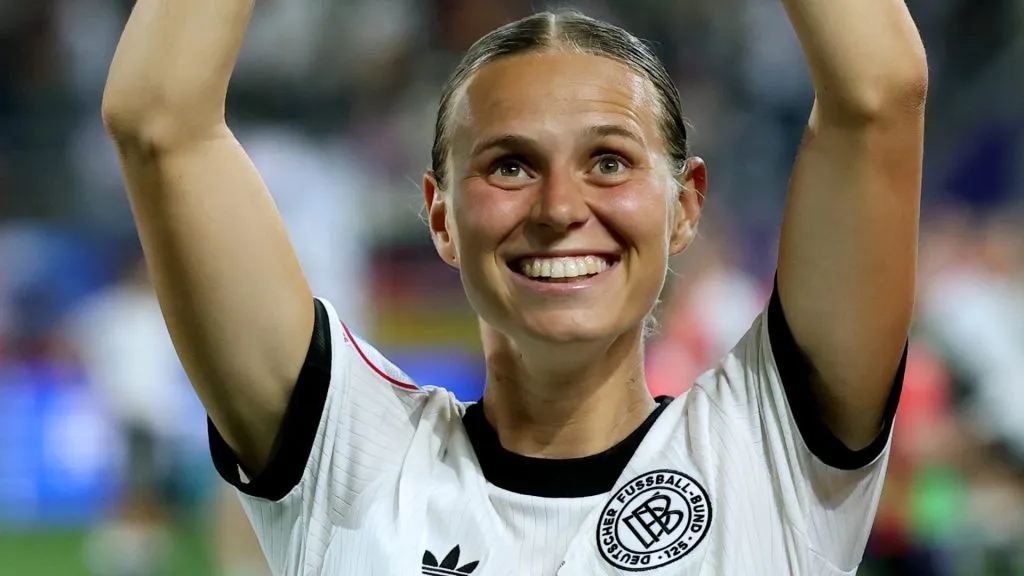 Klara Buehl of Germany forms a heart shape with her hands, as she acknowledges the fans after the UEFA Women’s EURO 2025 Group C match on July 04, 2025. (Source: Alexander Hassenstein/Getty Images)