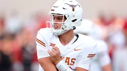 Arch Manning #16 of the Texas Longhorns warms-up prior to a game against the Alabama Crimson Tide at Bryant-Denny Stadium on September 09, 2023 in Tuscaloosa, Alabama.
