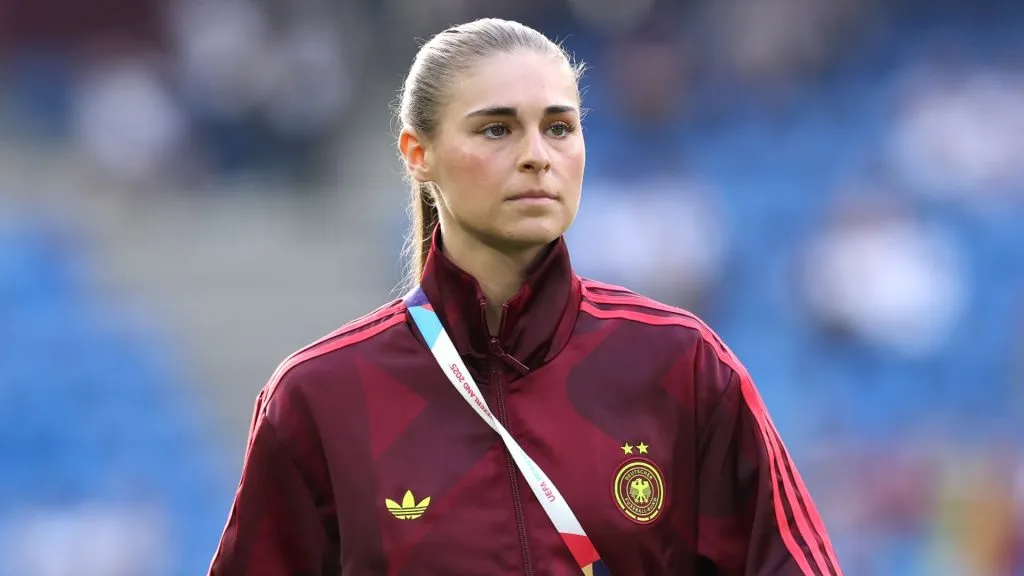 Jule Brand of Germany inspects the pitch prior to the UEFA Women’s EURO 2025 Quarter-Final match between France and Germany at St. Jakob-Park on July 19, 2025. (Source: Eddie Keogh/Getty Images)