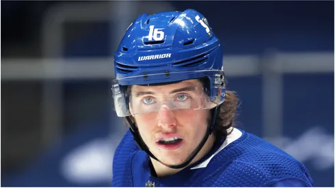 Mitchell Marner #16 of the Toronto Maple Leafs waits for a faceoff against the Montreal Canadiens during an NHL game at Scotiabank Arena on April 7, 2021 in Toronto, Ontario, Canada.