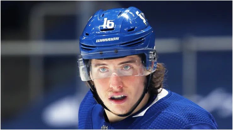 Mitchell Marner #16 of the Toronto Maple Leafs waits for a faceoff against the Montreal Canadiens during an NHL game at Scotiabank Arena on April 7, 2021 in Toronto, Ontario, Canada.