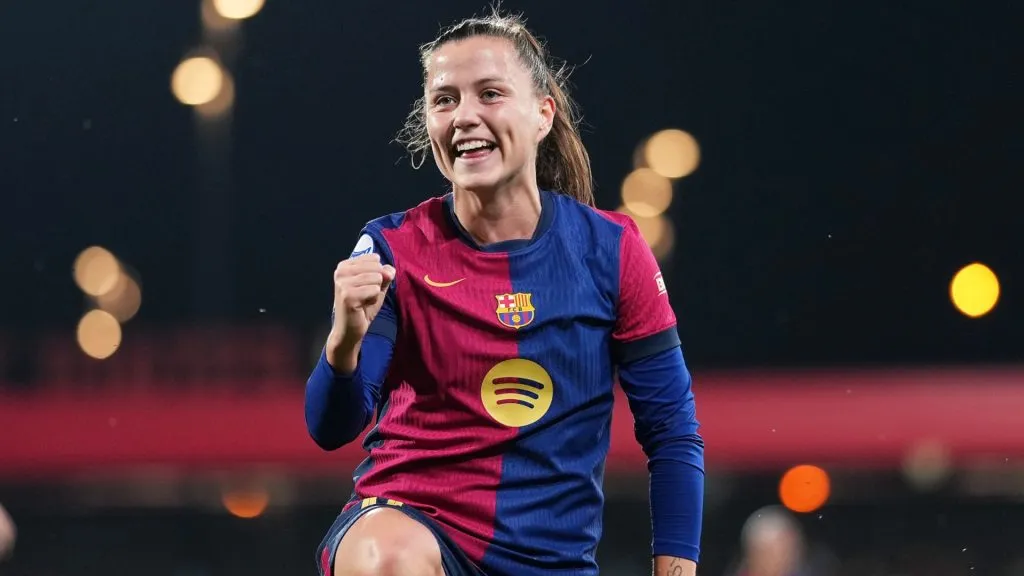 Claudia Pina of FC Barcelona celebrates scoring her team’s fifth goal during the UEFA Women’s Champions League Quarter Finals Second Leg match on March 27, 2025. (Source: Alex Caparros/Getty Images)