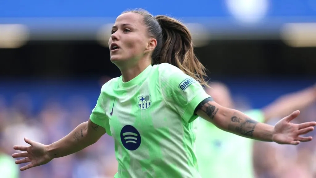 Claudia Pina of FC Barcelona celebrates scoring her team’s third goal during the UEFA Women’s Champions League semi final second leg match on April 27, 2025. (Source: Warren Little/Getty Images)