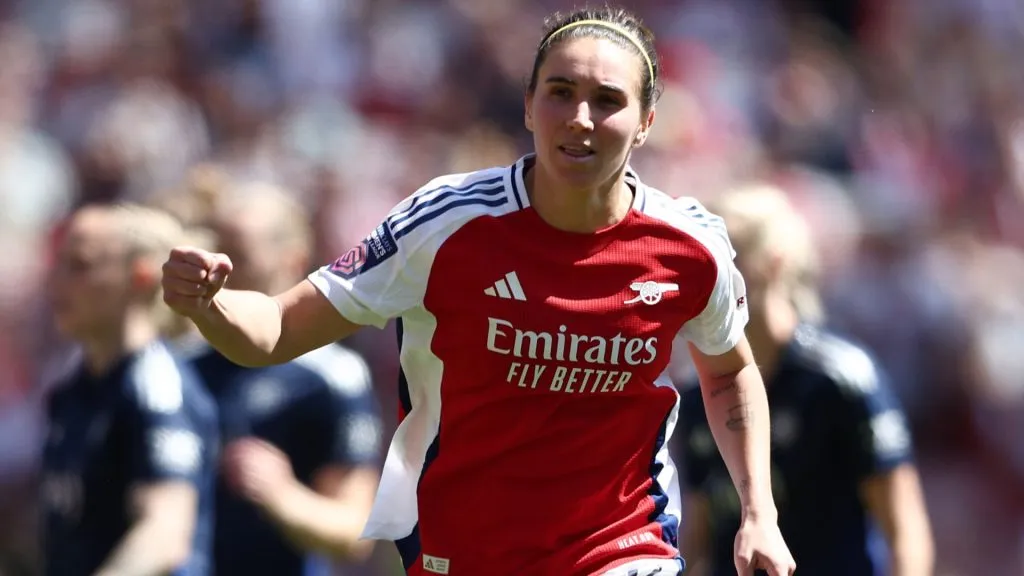 Mariona Caldentey of Arsenal celebrates scoring her team’s second goal from the penalty-spot during the Barclays Women’s Super League match on May 10, 2025. (Source: James Fearn/Getty Images)