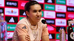 Mariona Caldentey of Spain speaks to the media during a press conference at RCDE Stadium on June 02, 2025.