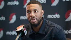 Damian Lillard of the Portland Trail Blazers speaks during a press conference at Moda Center on July 21, 2025 in Portland, Oregon.