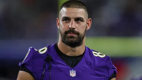 Mark Andrews #89 of the Baltimore Ravens looks on from the sidelines against the Tennessee Titans during the second half at M&T Bank Stadium on August 11, 2022 in Baltimore, Maryland.