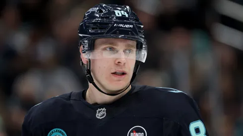 Kaapo Kakko #84 of the Seattle Kraken looks on against the Los Angeles Kings at Climate Pledge Arena on April 15, 2025 in Seattle, Washington. (