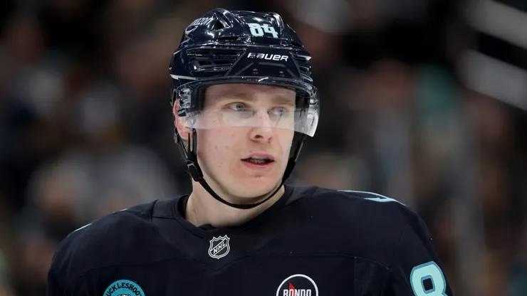 Kaapo Kakko #84 of the Seattle Kraken looks on against the Los Angeles Kings at Climate Pledge Arena on April 15, 2025 in Seattle, Washington. (