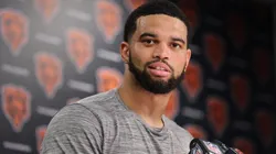 Caleb Williams of the Chicago Bears speaks to the media ahead of the start of Chicago Bears Training Camp at Halas Hall on July 22, 2025 in Lake Forest, Illinois.