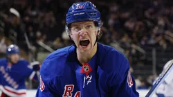 Artemi Panarin #10 of the New York Rangers reacts after scoring a goal