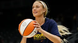 Sophie Cunningham #8 of the Indiana Fever warms up before the game against the Seattle Storm at Climate Pledge Arena on June 24, 2025.