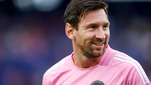 Lionel Messi #10 of Inter Miami CF smiles during warm ups before the start of the Major League Soccer match against New York Red Bulls.