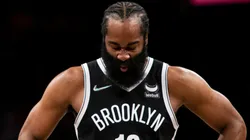 James Harden #13 of the Brooklyn Nets reacts during action against the Los Angeles Lakers at Barclays Center on January 25, 2022 in the Brooklyn borough of New York City.