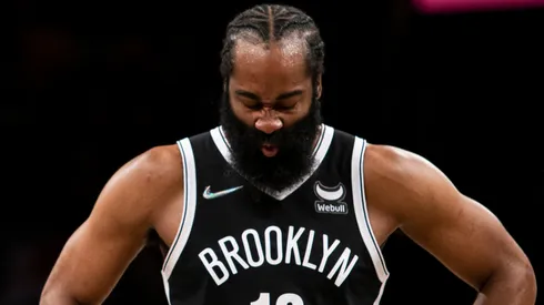 James Harden #13 of the Brooklyn Nets reacts during action against the Los Angeles Lakers at Barclays Center on January 25, 2022 in the Brooklyn borough of New York City.