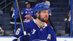 Nikita Kucherov #86 of the Tampa Bay Lightning reacts after his team was defeated by the Florida Panthers in Game Five of the First Round of the 2025 Stanley Cup Playoffs at Amalie Arena on April 30, 2025 in Tampa, Florida.