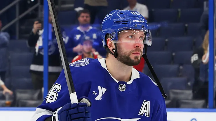 Nikita Kucherov #86 of the Tampa Bay Lightning reacts after his team was defeated by the Florida Panthers in Game Five of the First Round of the 2025 Stanley Cup Playoffs at Amalie Arena on April 30, 2025 in Tampa, Florida.