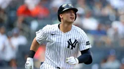 Anthony Volpe #11 of the New York Yankees watches his fifth inning solo home run against the Baltimore Orioles at Yankee Stadium on June 21, 2025 in New York City.