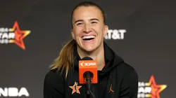 Sabrina Ionescu #20 of the New York Liberty speaks to the media following the 2025 AT&T WNBA All-Star Game at Gainbridge Fieldhouse on July 19, 2025.