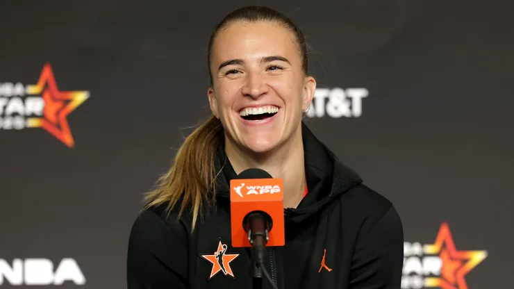 Sabrina Ionescu #20 of the New York Liberty speaks to the media following the 2025 AT&T WNBA All-Star Game at Gainbridge Fieldhouse on July 19, 2025.