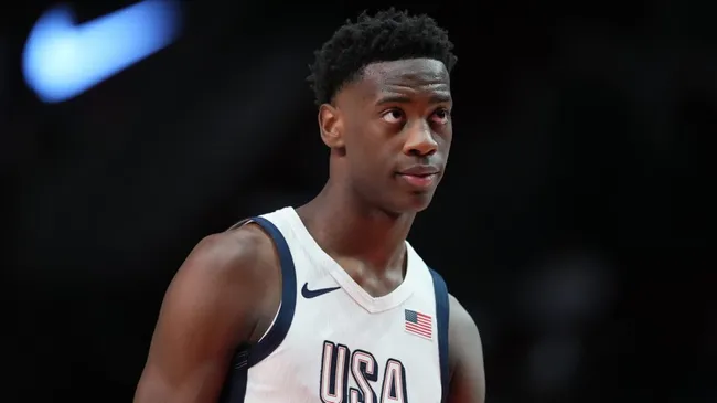AJ Dybantsa #7 of Team USA looks on during the 2025 Nike Hoop Summit at Moda Center on April 12, 2025. (Source: Soobum Im/Getty Images)