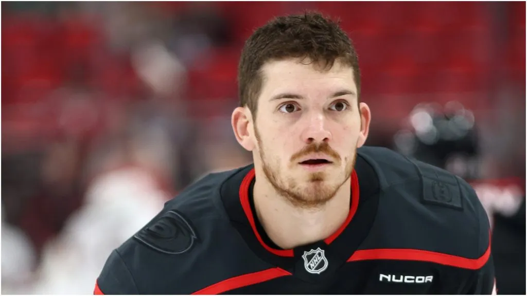 Jack Roslovic #96 of the Carolina Hurricanes warms up prior to the game against the Ottawa Senators at Lenovo Center on December 13, 2024 in Raleigh, North Carolina. 