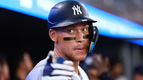Aaron Judge reacts in the dugout after hitting a 2 run home run against the Blue Jays.