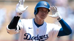 Shohei Ohtani #17 of the Los Angeles Dodgers celebrates a home run against the Minnesota Twins in the first inning at Dodger Stadium on July 23, 2025 in Los Angeles, California.