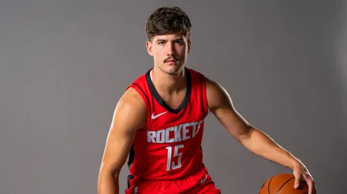 Reed Sheppard #15 poses for a portrait during Houston Rockets Media Day at Toyota Center on September 30, 2024.