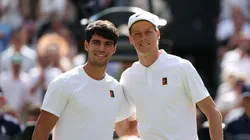 Carlos Alcaraz and Jannik Sinner pose together prior to the Wimbledon final.